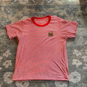 J. Crew Red and White Striped T-Shirt with Crab Embellishment in Women’s Large